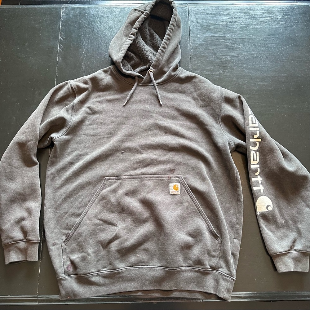 Carhartt Large Men's Black Hoodie Sweater Work Wear Pen Stain Beat Up Pullover